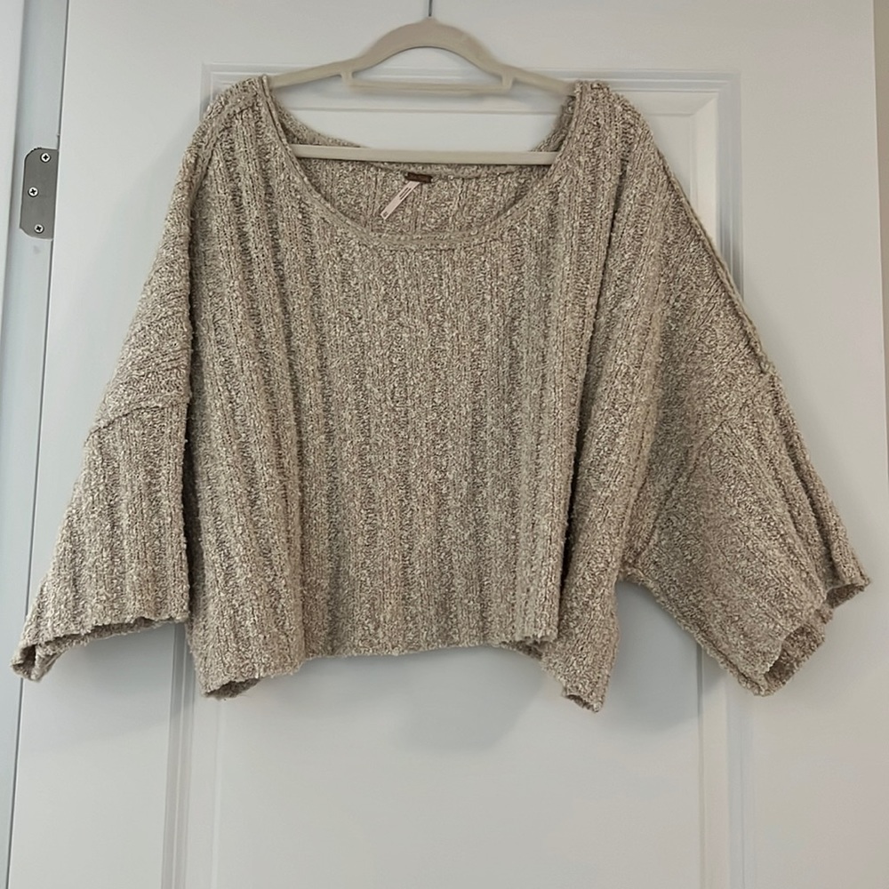 Free People Beige Open Knit Crochet Short Sleeve Sweater Size XS